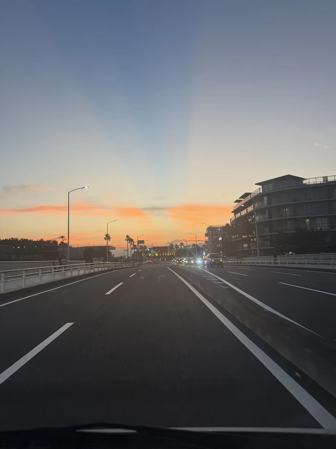 夕方の街へ続く道